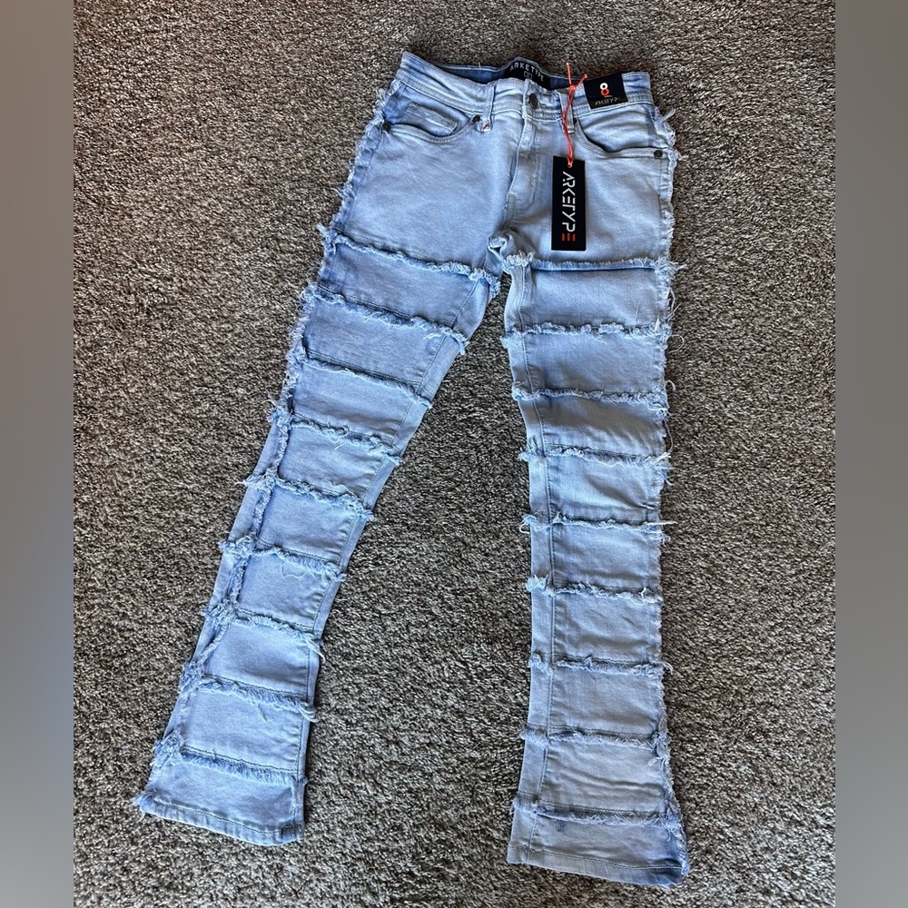 Boys Size 8 Light Blue Frayed Flare “Stacked Fit” Jeans ~ NWT